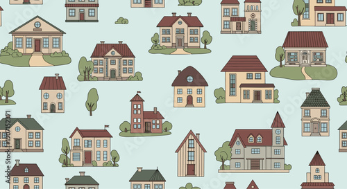 Charming seamless pattern showcasing a variety of cute residential houses and cottages with colorful roofs and trees on a light blue sky backdrop.