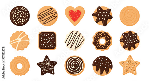 Assorted delicious cookies and sweet biscuits decorated with rich chocolate, creamy icing, colorful sprinkles, and crunchy nuts in various shapes.