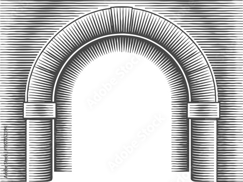 Vintage architectural arch illustration with detailed shading and stone texture design