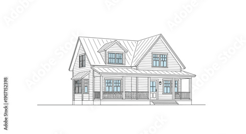 Black and white architectural line drawing of a classic two story suburban house with a large front porch and balcony.