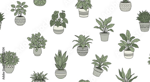 Modern seamless pattern of various green house plants in white patterned ceramic pots and planters on a clean white background for interior design.