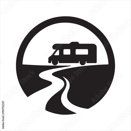 Camper van hidden road abstract silhouette line art logo design concept illustration
