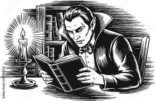 Vampire reading an old book by candlelight gothic horror illustration with mysterious dark atmosphere