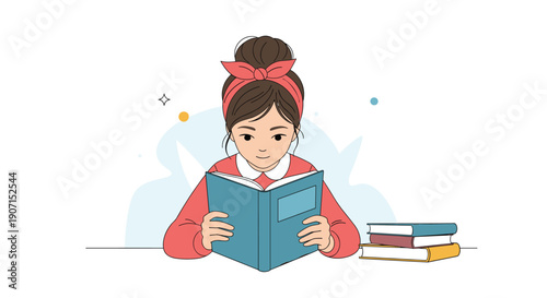 Young girl with a red hairband intently reading a book at a desk with a stack of books nearby against an abstract blue background for education.