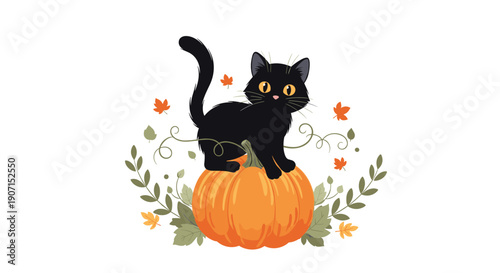 Adorable autumn illustration of a black cat sitting on top of a large orange pumpkin surrounded by autumn leaves and branches for halloween.