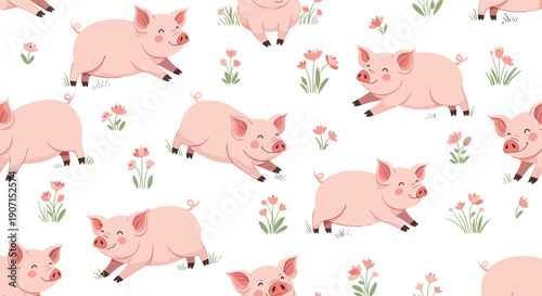 Joyful seamless pattern of cute pink pigs running and playing among small flowers on a white background for nursery and children's clothing.
