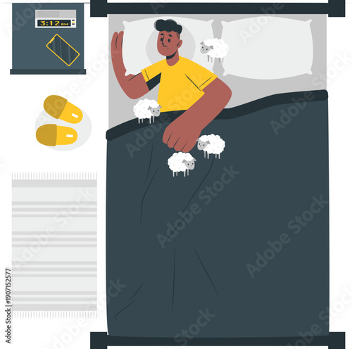 A man in a yellow shirt lying in bed with sheep jumping around him