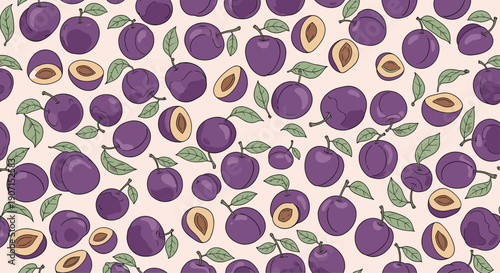 Mouthwatering seamless pattern of ripe purple plums and juicy plum halves with green leaves on a light cream background for food packaging.