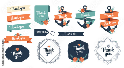 Nautical themed thank you labels and tags featuring dark blue anchors, orange flowers, and elegant script typography on white background.