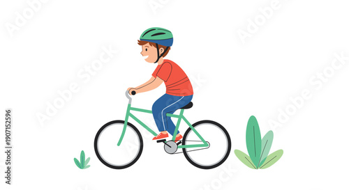 Active young boy riding a green bicycle and wearing a blue safety helmet while cycling past green plants on a solid white background.