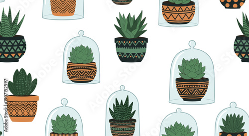 Lush seamless pattern featuring various green succulents and cacti in decorative pots and under glass domes on a plain white background.