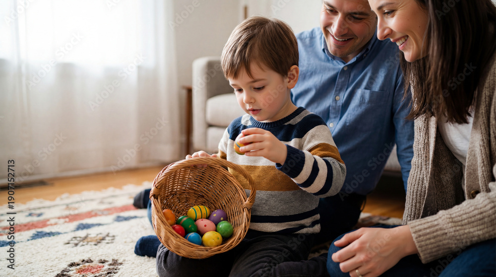 custom made wallpaper toronto digitalHappy family celebrating Easter at home. Young boy holding colorful egg with parents watching.