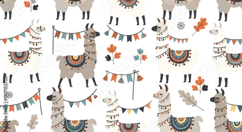 Festive seamless pattern with white and grey llamas wearing colorful blankets and tassels among party garlands and autumn leaves on white.