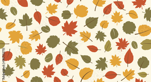 Dense seamless pattern featuring a variety of autumn leaves in red, orange, yellow, and green tones on a light cream background for seasonal decor.