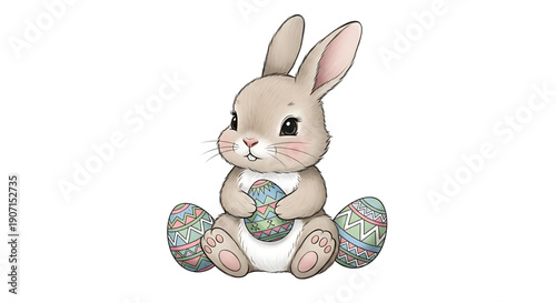 Cute cartoon bunny holding colorful easter eggs with soft pink cheeks and big eyes easter