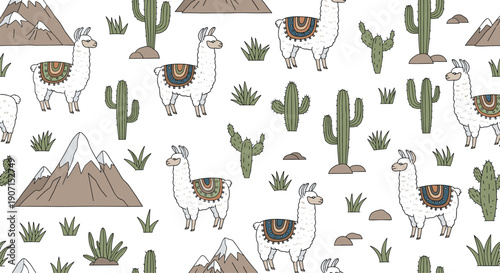 Adventurous seamless pattern with cute llamas walking through a desert landscape with snow-capped mountains and green cacti on white.