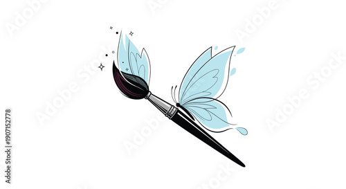Imaginative illustration of a paintbrush with delicate light blue butterfly wings and magical stars symbolizing creativity and artistic inspiration.