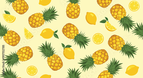 Refreshing tropical seamless pattern featuring whole pineapples, whole lemons, and lemon slices on a bright yellow background for summer themes.