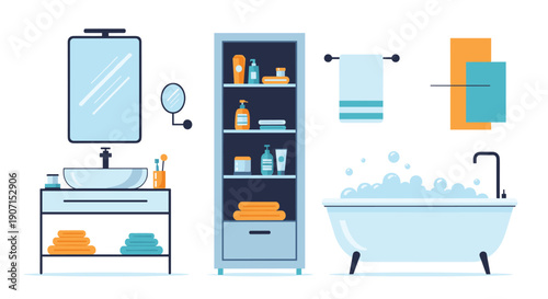 Modern bathroom interior set with a stylish vanity sink, deep bathtub with bubbles, and a tall cabinet for toiletries and towels.