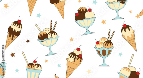 Sweet treat pattern with various ice cream cones, chocolate sundaes with cherries, and colorful stars on a clean white background.