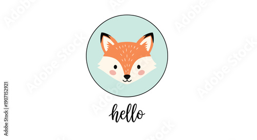 Friendly red fox head illustrated inside a light teal circular frame with a handwritten hello message on a plain white background.