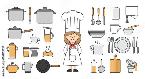 Comprehensive set of kitchen icons including a cute girl chef, pots, pans, cutlery, and various cooking utensils in a flat design.