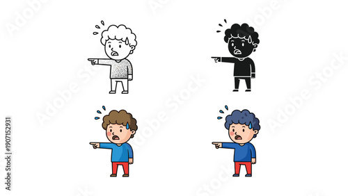 Confused child pointing finger with sweat drops, vector icons in black and white, silhouette, and color