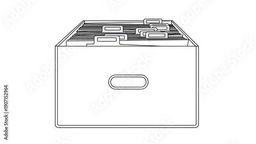 Drawer filled with many hanging file folders in a simple black outline drawing represents office organization, record keeping, and information management.