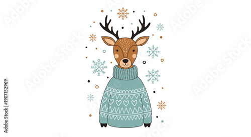 Cute winter deer wearing a cozy blue knitted sweater with heart patterns surrounded by falling snowflakes in a festive scene.