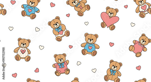 Adorable teddy bear pattern showing little bears with pink and blue hearts in various poses for nursery and baby shower designs.