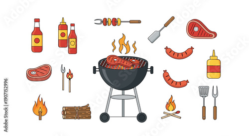 Collection of barbecue items including a round grill with steaks, sausages, skewers, sauces, and wood logs for fire.