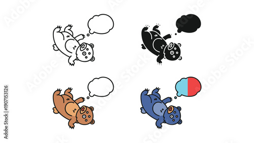 Cute bear with a thought bubble, available in four styles: outline, silhouette, brown, and blue with colorful thought cloud