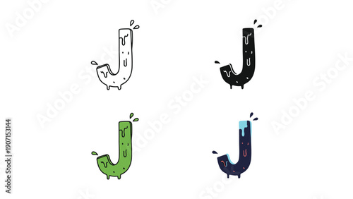 Dripping Letter J Icons, Liquid Style Alphabet Graphics in Playful Colors