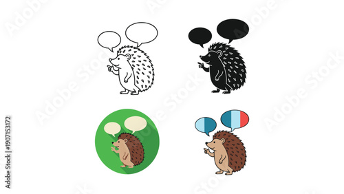 Hedgehog with a French flag thought bubble in outline, silhouette, and colorful versions.