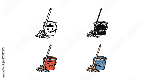 Four cleaning bucket and mop icons: outline, silhouette, red and blue.
