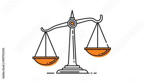 Classic balance scale with orange trays represents justice, law, equilibrium, and the careful weighing of facts in legal and ethical decision making processes.