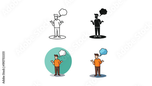 Man Questioning Icon Set: Shrugging Shoulders with Thought Bubble