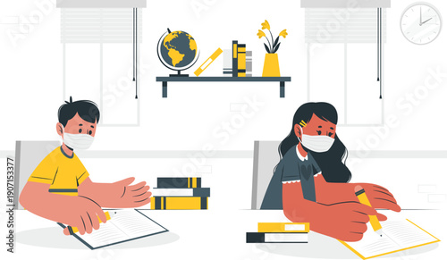 Students working on projects together in a well-lit classroom environment from a top-down viewpoint