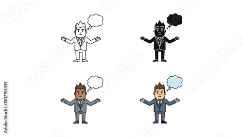 Confused cartoon businessman shrugging with a thought bubble, in outline, silhouette, and color