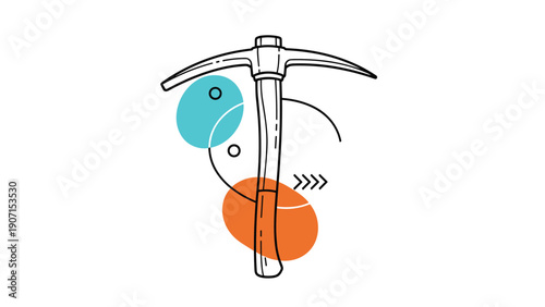 Pickaxe tool icon combined with abstract colorful shapes represents mining, hard work, construction, and creative project development in a modern style.