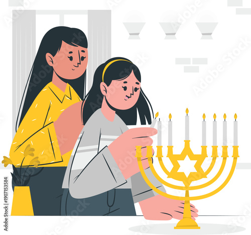Mother and daughter celebrating Hanukkah together, lighting the menorah with candles in a joyful home environment