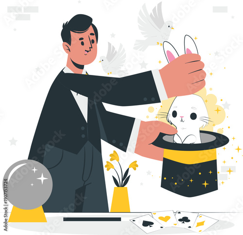 A magician pulls a white rabbit from a hat with magic tricks on display