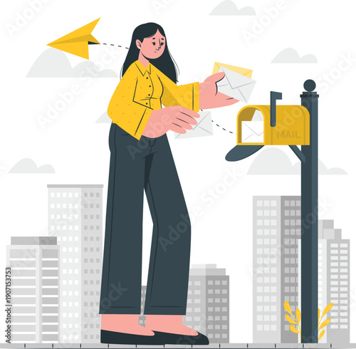 Woman mailing letter from city street with tall buildings and cloudy sky