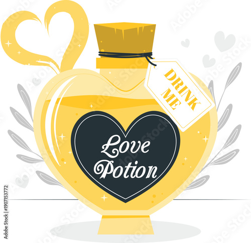 Illustration of a yellow love potion bottle with a heart-shaped design and a drink me tag, viewed from the front.