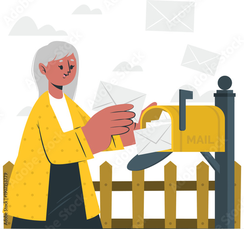 Woman standing beside a mailbox, posting letters in a fenced yard with envelopes floating around her