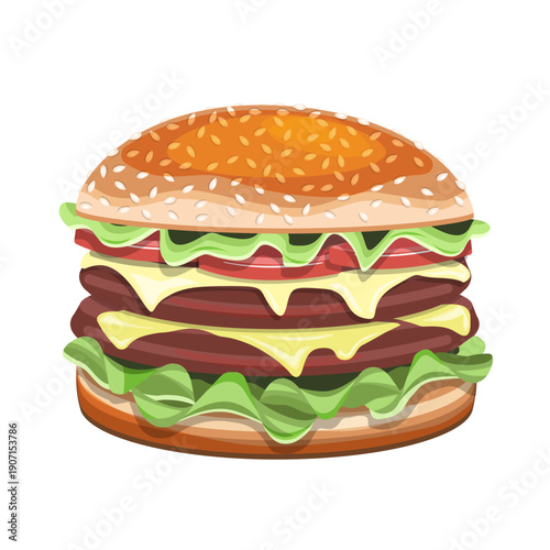Appetizing burger with beef, cheese, tomatoes, and lettuce, isolated on a white background. Vector illustration of a burger for restaurant menus and textiles.
