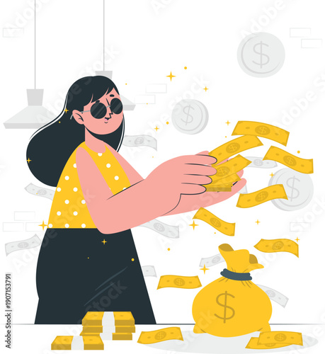 Woman happily counting and holding a handful of banknotes near a money bag indoors