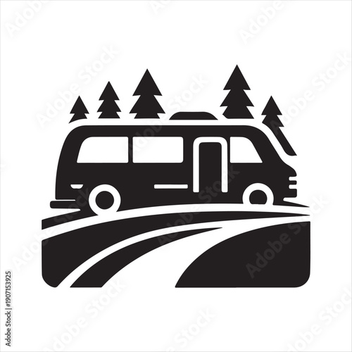 Camper van hidden road abstract silhouette line art logo design concept illustration