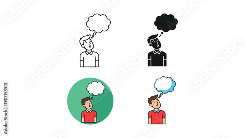 Cartoon man in red shirt with a blue thought cloud, illustration in various styles including outline and silhouette