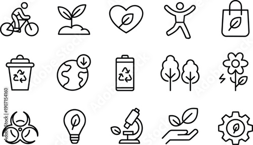 Linear vector icon set for environmental sustainability and healthy lifestyle featuring cycling organic plants recycling symbols clean energy and nature conservation for green branding
